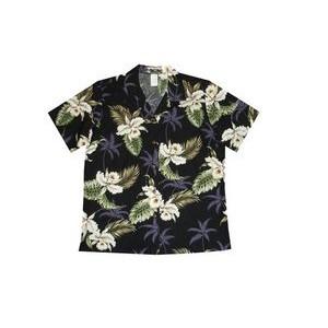 Ladies Black Hawaiian Print Cotton Short Sleeve Shirt