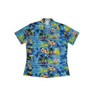 Ladies Navy Hawaiian Cotton Poplin Shirt w/ Button Front & Short Sleeves