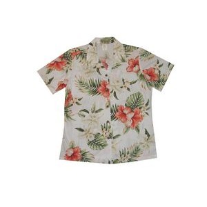 Ladies White Hawaiian Print Cotton Short Sleeve Shirt