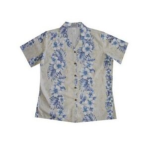 Ladies Cream Hawaiian Cotton Poplin Shirt w/ Button Front & Short Sleeves