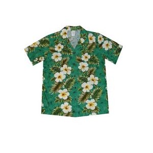 Ladies Green Hawaiian Print Cotton Short Sleeve Shirt