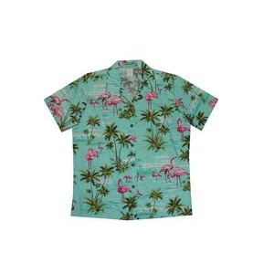 Ladies Green Hawaiian Print Cotton Short Sleeve Shirt