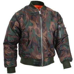 Men's Woodland Camo Military Flight Jacket w/Reversible Orange Quilted Lining