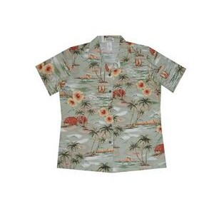 Ladies Green Hawaiian Cotton Poplin Shirt w/ Button Front & Short Sleeves