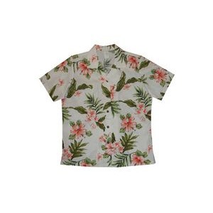 Ladies White/Coral Hawaiian Print Cotton Short Sleeve Shirt
