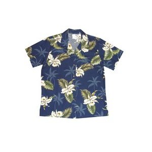 Ladies Navy Hawaiian Print Cotton Short Sleeve Shirt