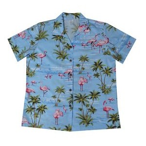 Ladies Blue Hawaiian Print Cotton Short Sleeve Shirt