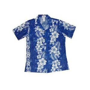 Ladies Navy Hawaiian Cotton Poplin Shirt w/ Button Front & Short Sleeves
