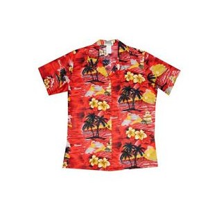 Ladies Red Hawaiian Cotton Poplin Shirt w/ Button Front & Short Sleeves