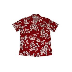 Ladies Red Hawaiian Print Cotton Short Sleeve Shirt