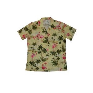 Ladies Yellow Hawaiian Print Cotton Short Sleeve Shirt