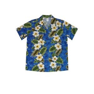 Ladies Navy Hawaiian Print Cotton Short Sleeve Shirt
