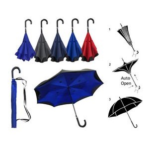 Inverted / Reversed Double Layer Auto Open Straight Umbrella with Curved Leather Handle