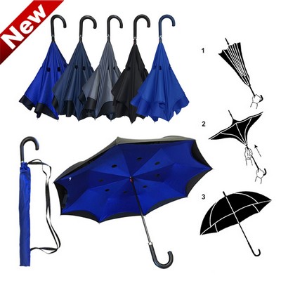 Inverted / Reversed Double Layer Straight Umbrella with Curved Leather Handle