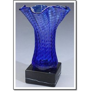 Blue Scallop Art Glass Vase w/ Marble Base (5"x7.5")