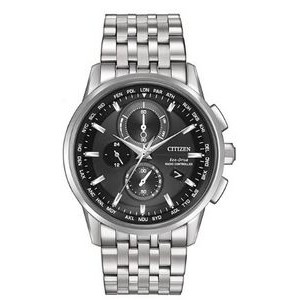 Citizen® Men's World Chronograph A-T Eco-Drive® Stainless Steel Watch w/Black Dial
