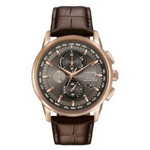Citizen® World Chronograph A-T Rose Gold Stainless Steel Watch w/Brown Leather Strap
