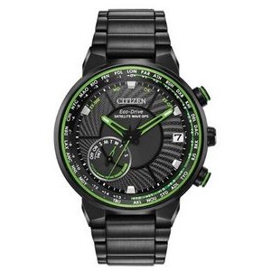Citizen® Men's Eco-Drive® Satellite Wave GPS Black Stainless Steel Watch w/Green Accents