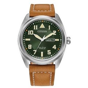 Citizen® Men's Garrison Eco-Drive® Watch w/Brown Leather Strap & Green Dial