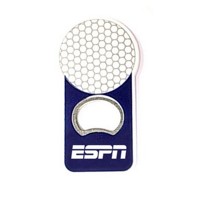 Golf ball shape bottle opener with magnet.