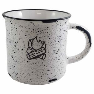 Campfire 16oz white mug with black distress trim black speckles in Ripple gift box