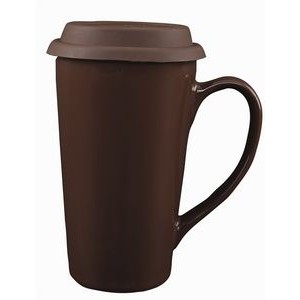 Summerside 14oz 2tone brown glossy handled double wall mug with brown lid