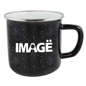 Happy Camper enamel 18oz mug w/SS rim black with white dots