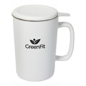 Ceylon 13oz white ceramic mug with lid & stainless steel tea strainer in Ripple gift box