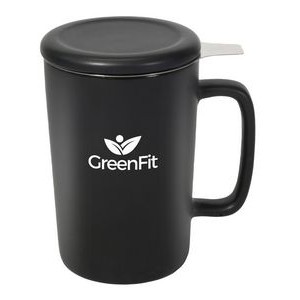 Ceylon 13oz black ceramic mug with lid & stainless steel tea strainer in Ripple gift box
