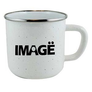 Happy Camper enamel 18oz mug w/SS rim white with black dots
