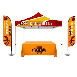 10' x 10' Commercial Grade Steel Frame, Dye Sub Canopy, 11ft Feather flag, & 6ft table throw