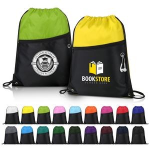 Two-Tone Drawstring Backpack With Front Zipper