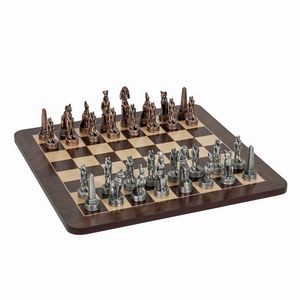 Egyptian Chess Set w/ Pewter Pieces & 16" Walnut Root Board