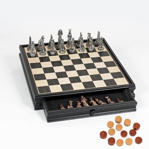 Egyptian Chess & Checker Set w/ Pewter Chessmen & Storage