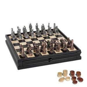 Fantasy Chess & Checker Set w/ Pewter Chessmen and Storage