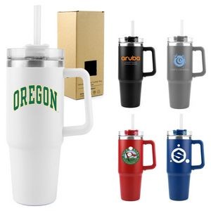 30 oz Vacuum Insulated Stainless Steel Tumbler Mug with Handle Lid and Straw