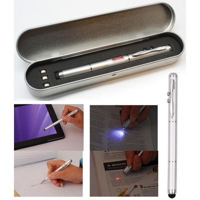 Metal Pen w/Stylus/Laser/LED in Box w/Extra Battery