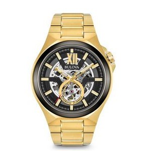Bulova Men's Yellow Gold Stainless Steel Bracelet Black Sport Automatic Skeletal Dial Watch