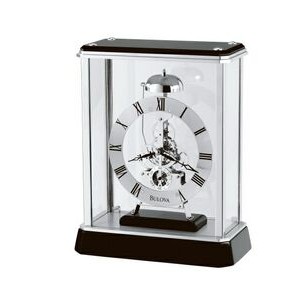 Bulova Vantage Black Solid Wood, Chrome & Glass Clock w/ Skeleton Movement