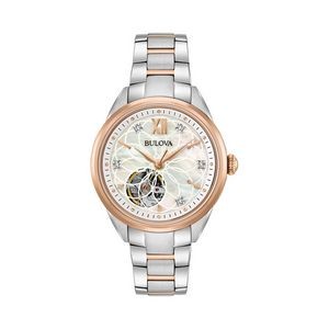 Ladies' Bulova Automatic Diamond Accent Two-Tone Watch with Mother-of-Pearl Skeleton Dial