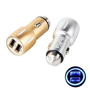 Light Up Dual Ports USB Car Charger w/Emergency Hammer