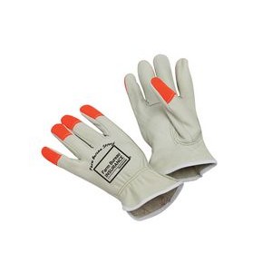 Cow grain, leather trucker's glove, safety orange finger tips, keystone thumb