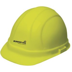 Hi-viz yellow hard hat, six point ratchet suspension