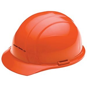 Orange hard hat, six point pin lock suspension