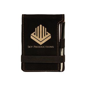 Black & Gold Leatherette Mini Notepad with Pen