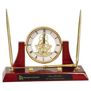 10 1/2" x 6" Executive Gold/Rosewood Piano Finish Clock w/2 Pens/Letter Opener