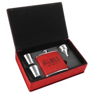 6oz. Stainless Steel Red Leatherette Flask Gift Set