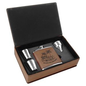 6oz. Stainless Steel Dark Brown Leatherette Flask Gift Set