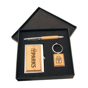 Silver/Wood Finish Gift Set with Business Card Case, Pen & Keychain