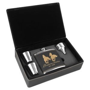 6oz. Stainless Steel Black/Gold Leatherette Flask Gift Set
